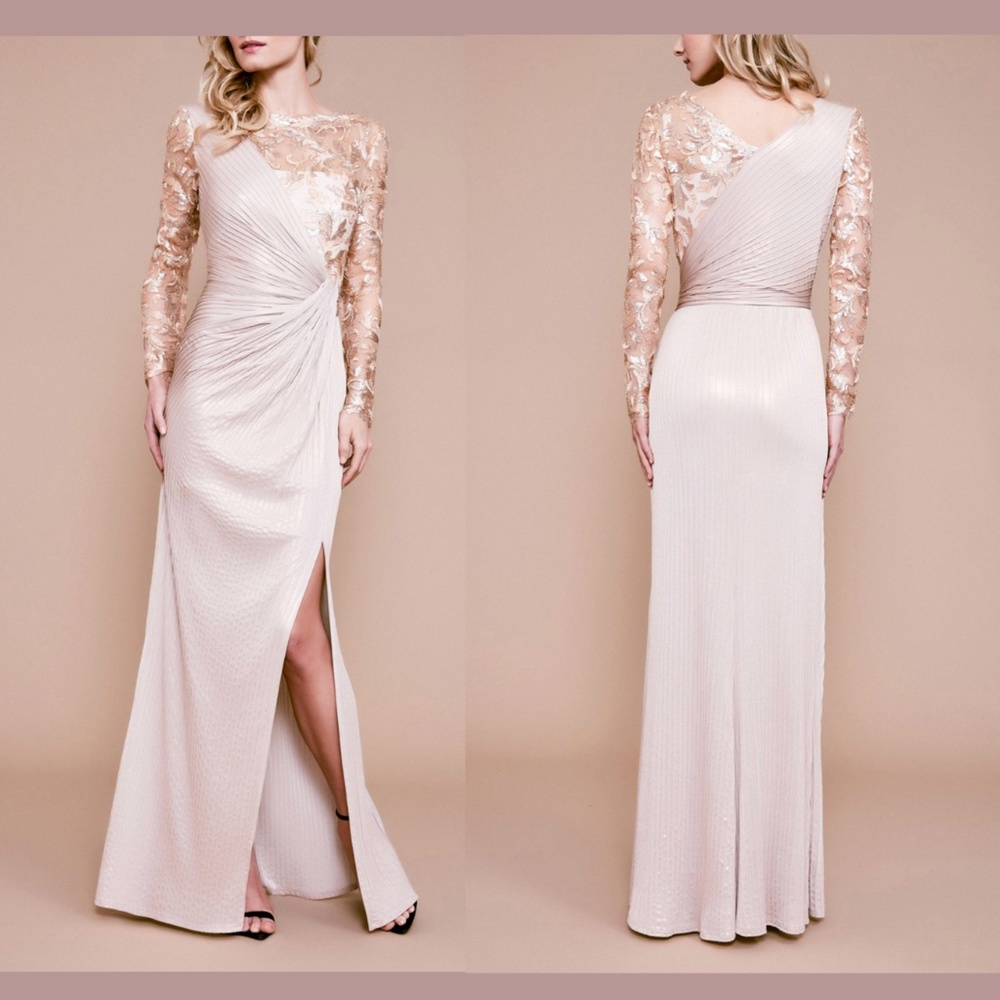 NEW Tadashi Shoji [ Medium ] Taja Long Sleeve Pintuck‎ Sequin Gown Rose Gold